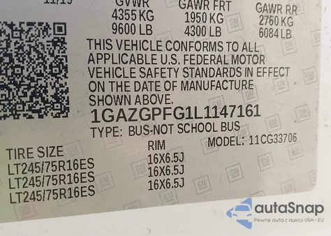 2020 Chevrolet Express Passenger Rwd 3500 Extended Wheelbase Lt from USA, damaged, VIN 1GAZGPFG1L1147161